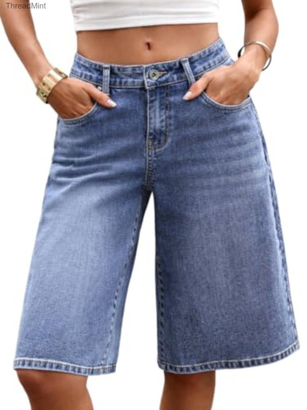 Low Rise Baggy Bermuda Shorts for Women Stretchy Knee Length Denim Jorts Summer